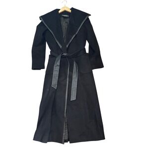 Ellen Tracy Black Wool Blend Long Wrap Coat Faux Leather Trim Belted 6 88MA2029